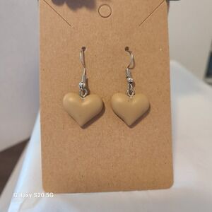 Heart Dangle Earrings Silver Tone Hook Tan Beige‎ Lovecore Aesthetic Women